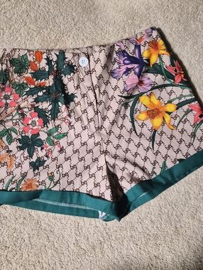 ​For Your Seasons Floral Monogram High Waisted Shorts Teal Trim Size L